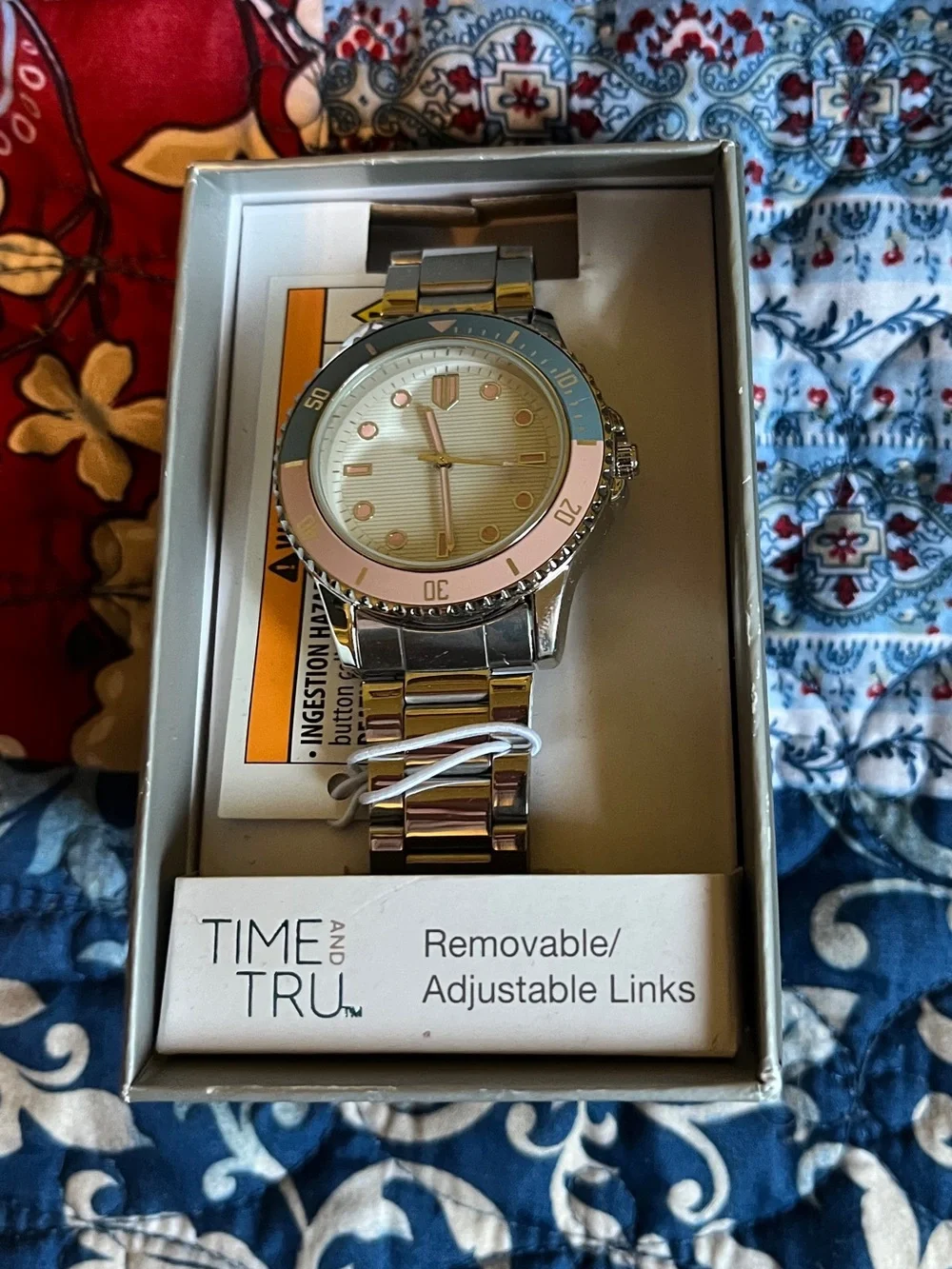 Time and Tru Silver Watch with Pink and Blue Bezel